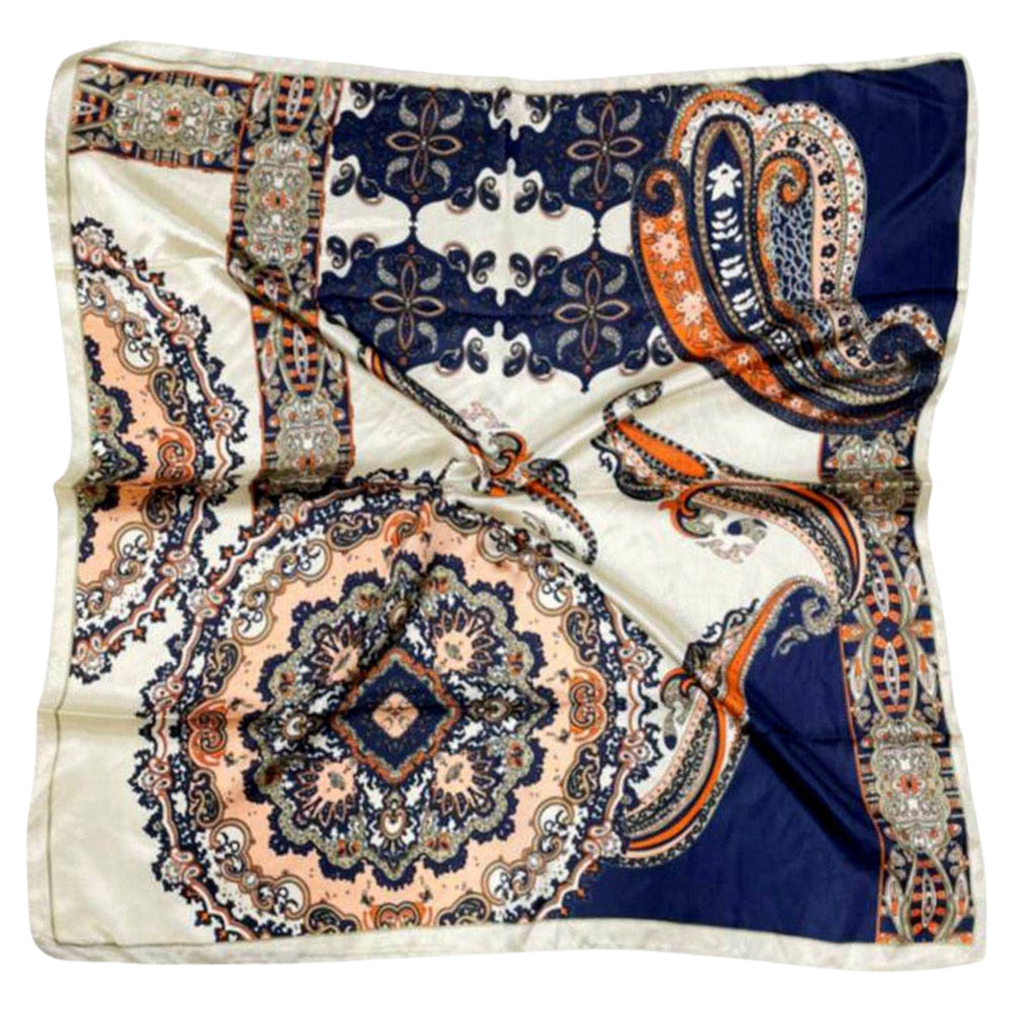 Paisley Square Silky Satin Scarf | Navy