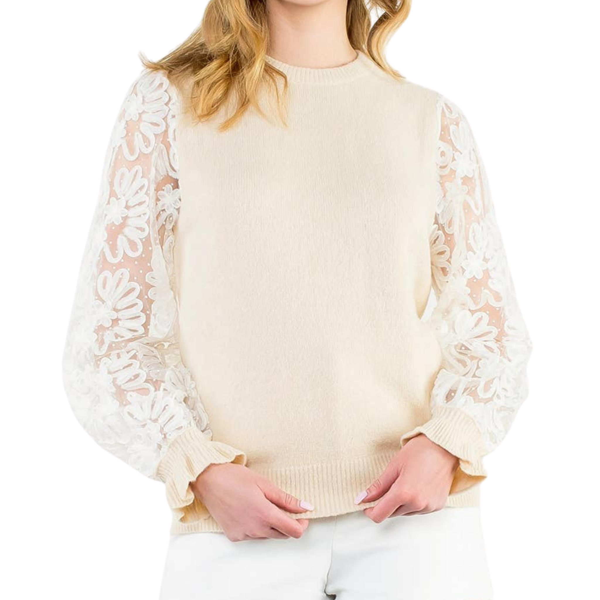 Floral Mesh Sleeve Knit Top: Cream