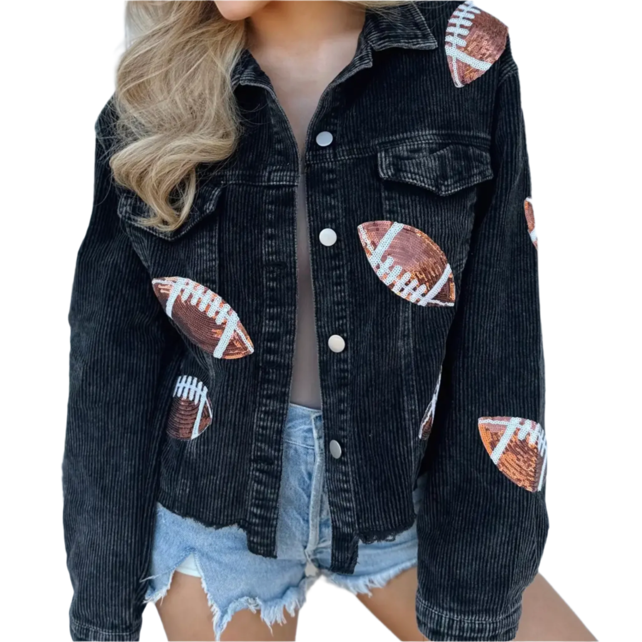 Black Corduroy Sequin Football Cropped Jacket