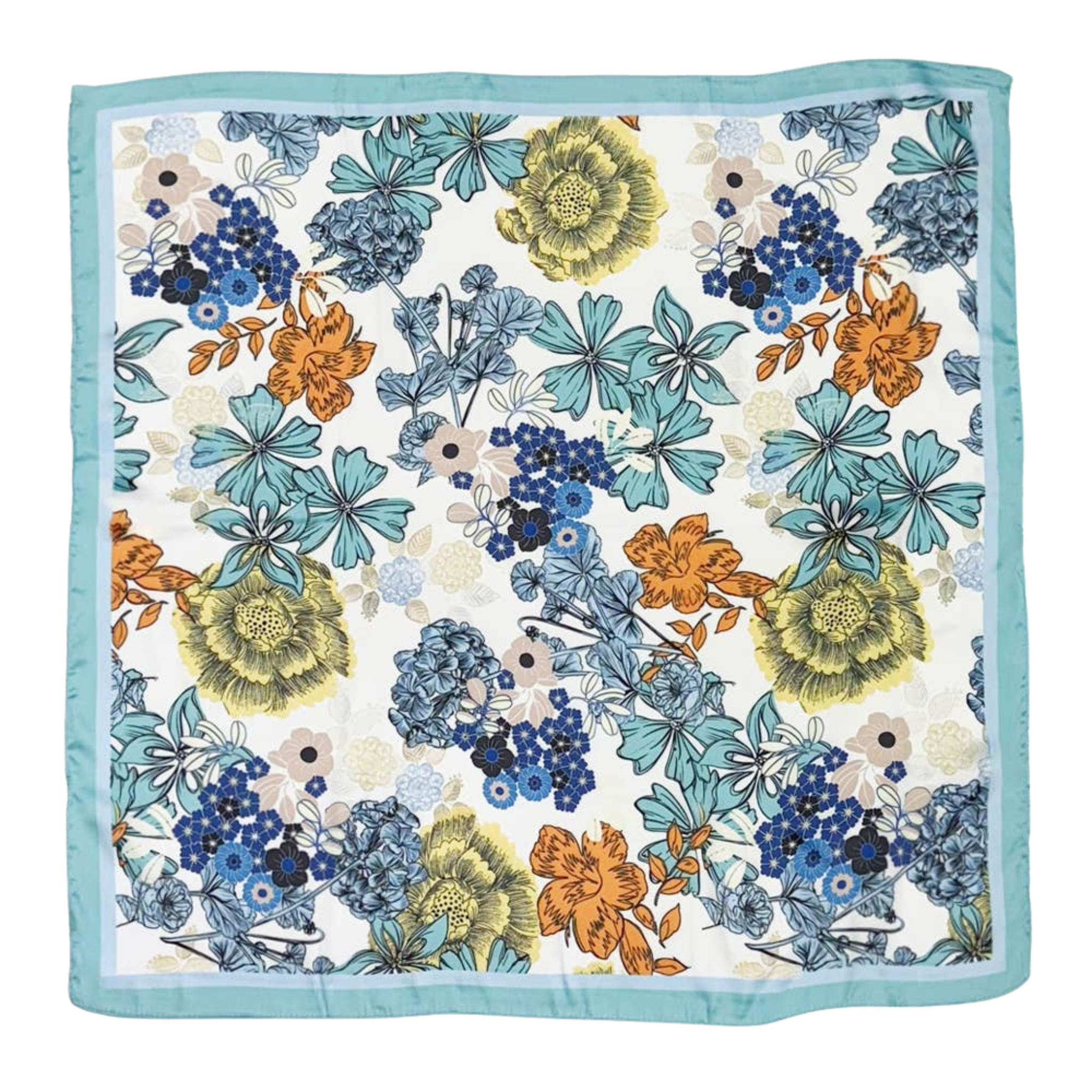Earthy Floral Garden Square Satin Scarf: Blue