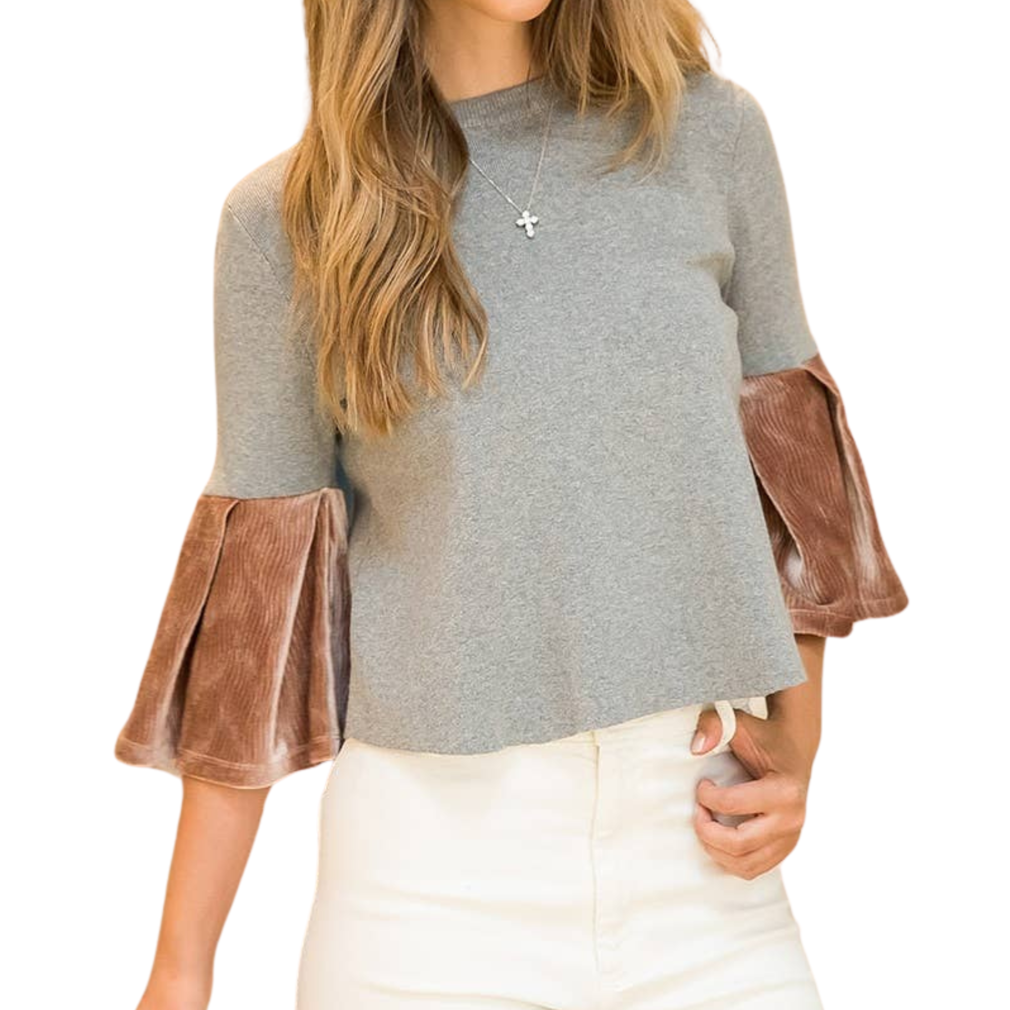 Velvet Bell Sleeve Knit Top | Heather Gray