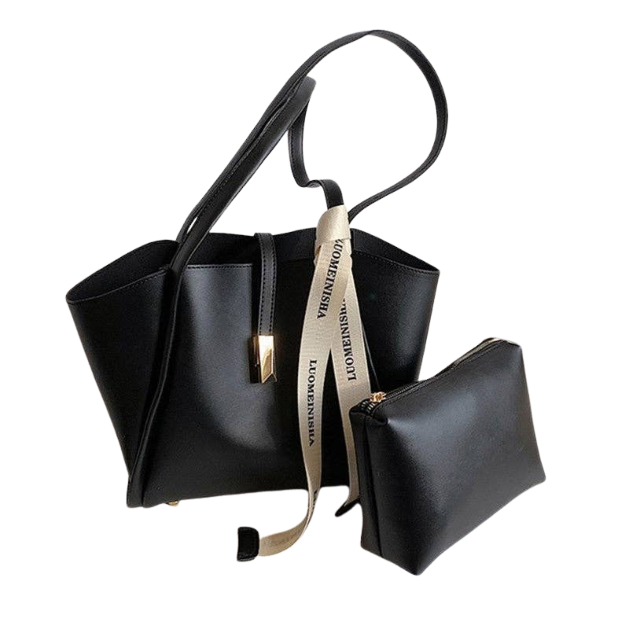 Casual Solid Color Handbag with Pouch | Black