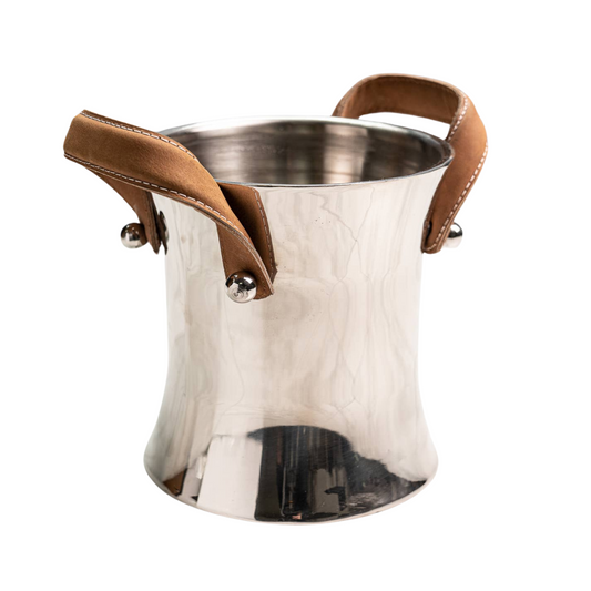 Polished Stainless Steel Ice Bucket w/ Leather Handles