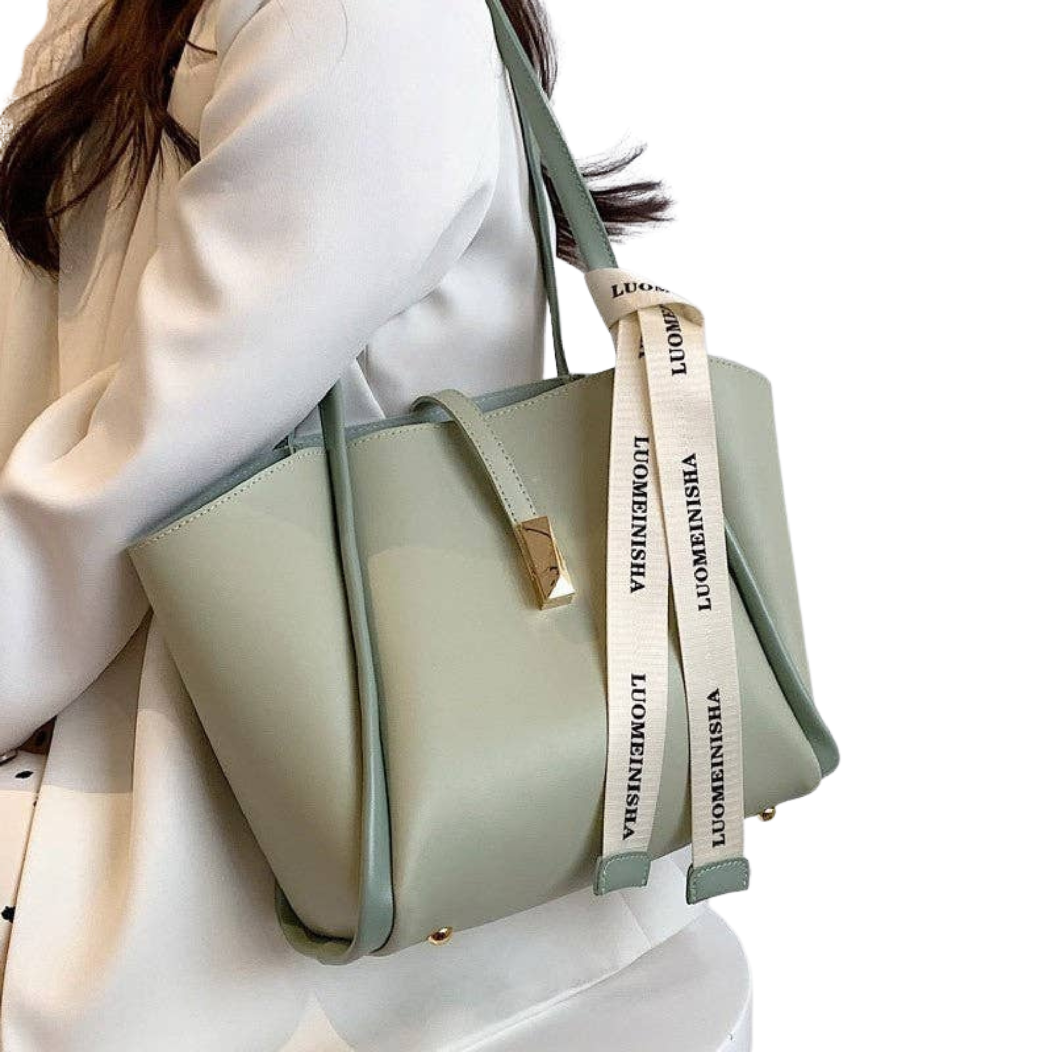 Casual Solid Color Handbag with Pouch - Sage Green