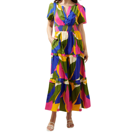 Rio Abstract Palmer Poplin Tiered Maxi Dress: Khaki Multi
