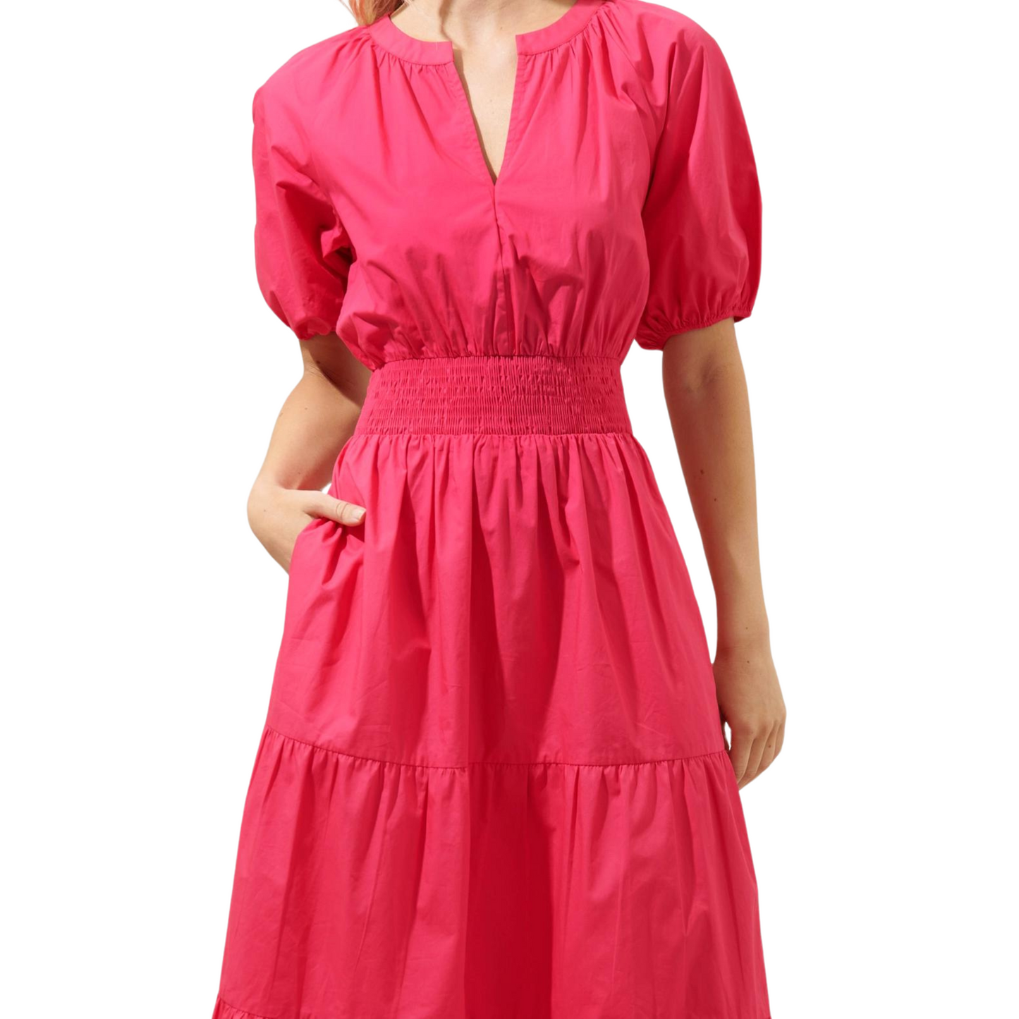 Jamila Poplin Puff Sleeve Midi Dress - Fuschia