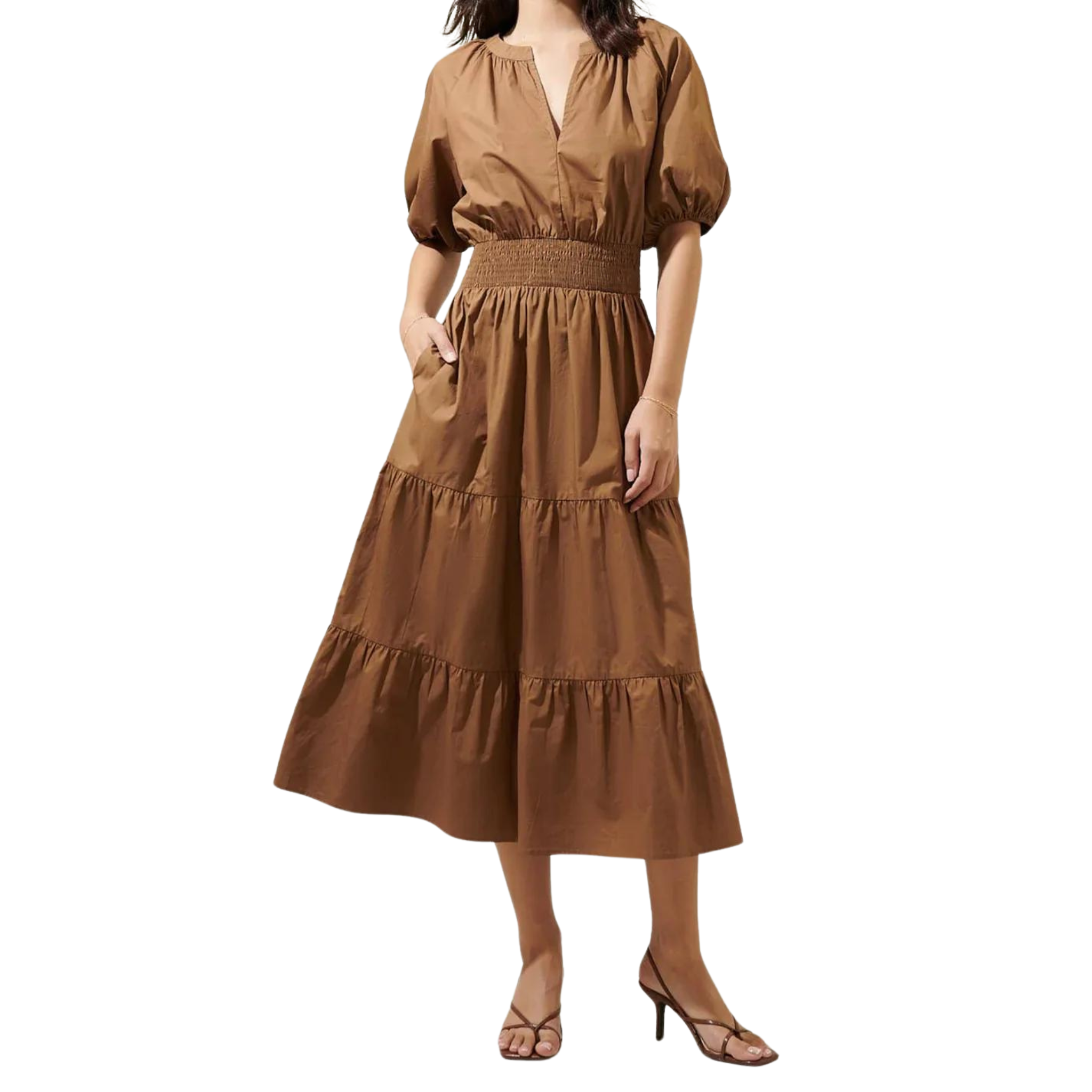 Jamila Poplin Puff Sleeve MIdi Dress | Brown