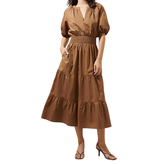 Jamila Poplin Puff Sleeve MIdi Dress: Brown