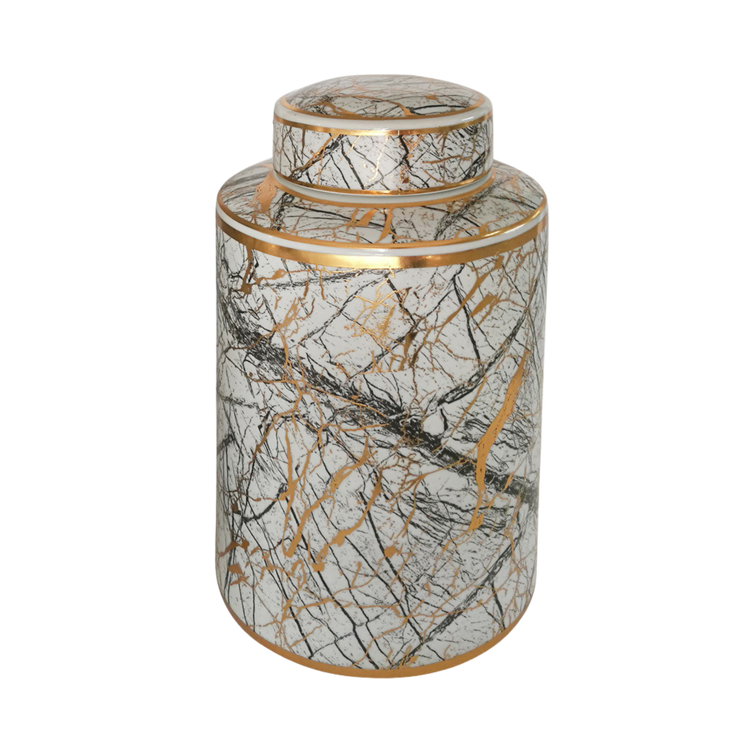 12'' Ceramic Marble and Gold Print Jar