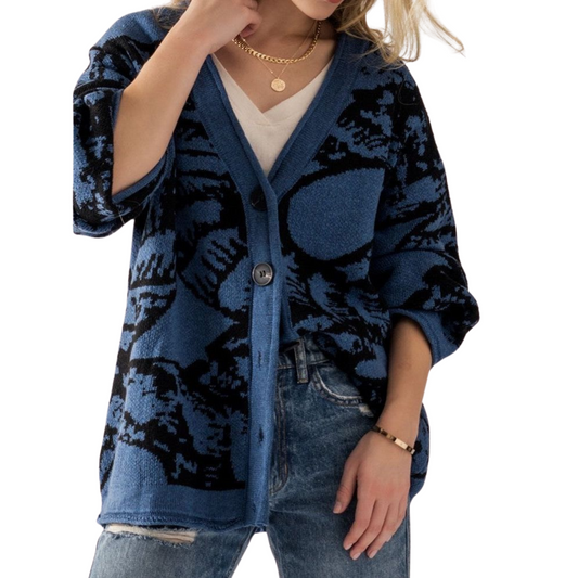 Blue Button-Down Oversized Cardigan