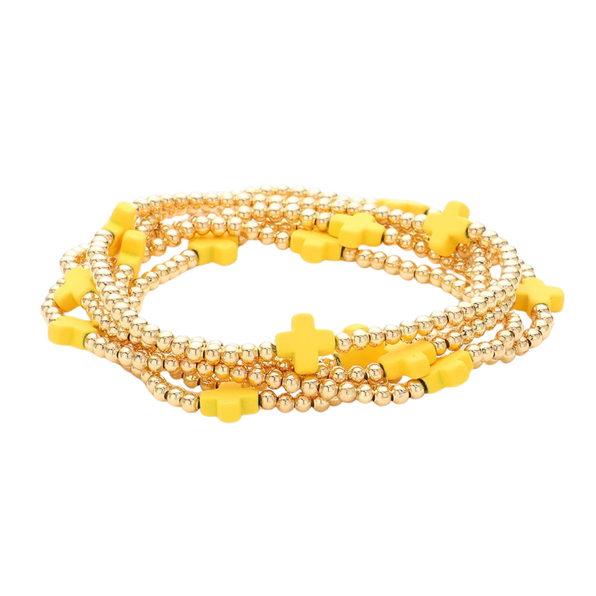 Yellow Cross & Gold Beaded Stretch Bracelets | Set of 5
