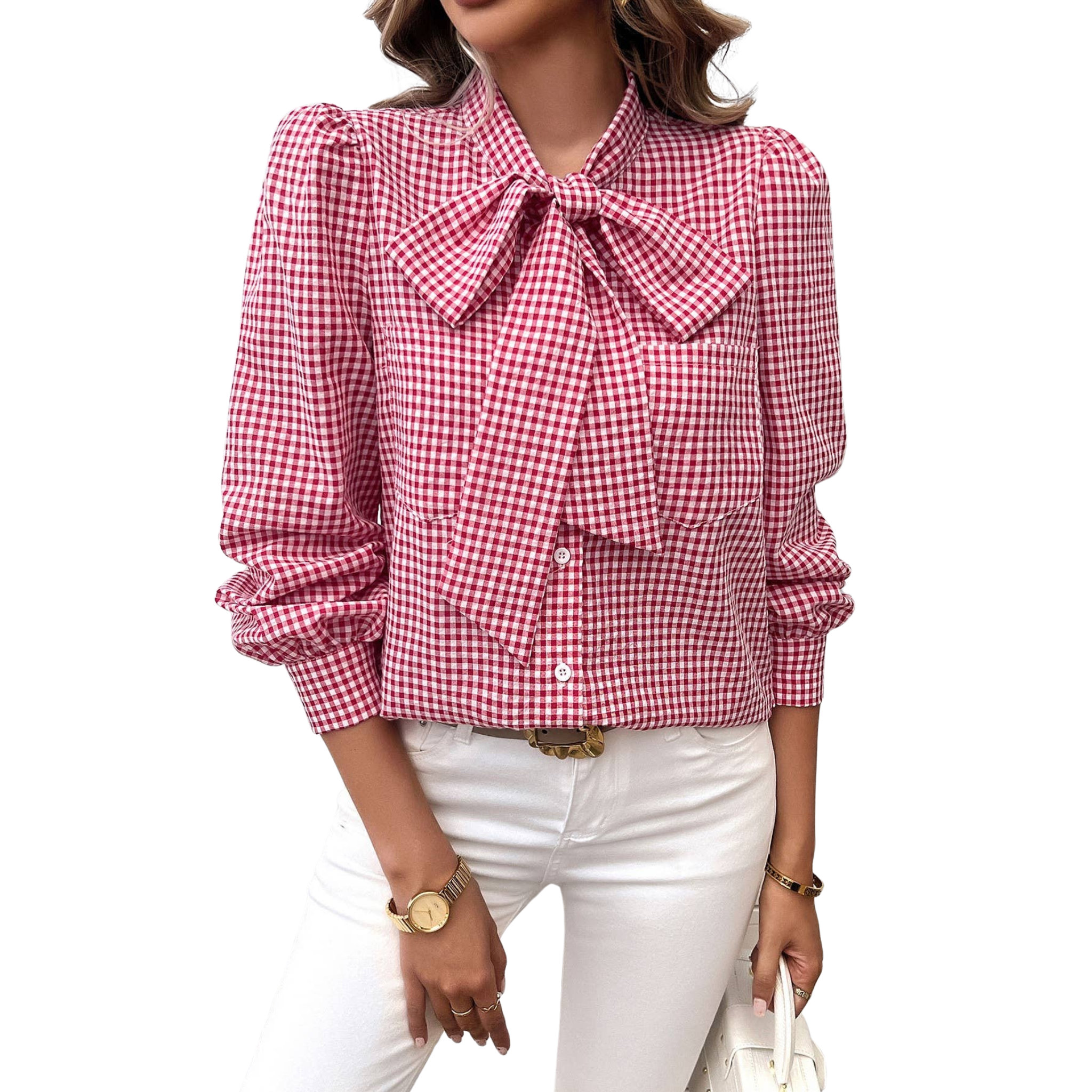 Plaid Puff Sleeves Loose Button Trim Knot Blouse - Red