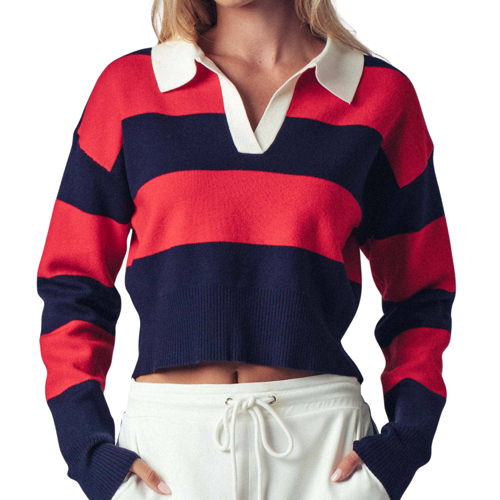 Striped Collared Knit Cropped Top