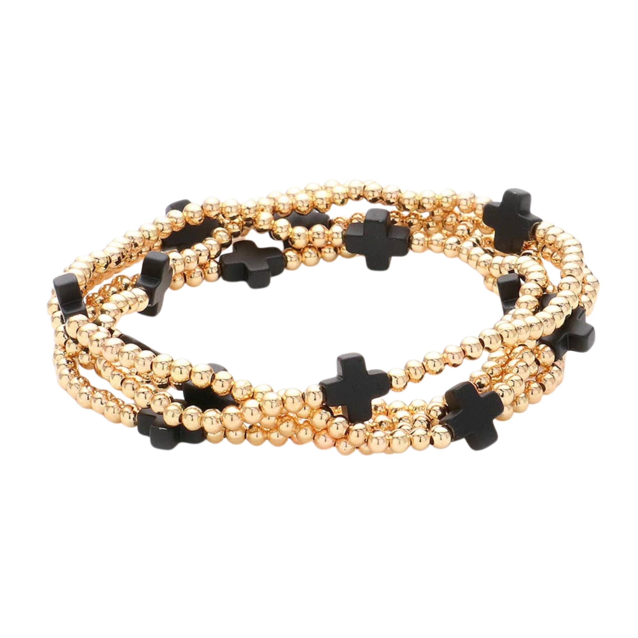 Black Cross & Gold Beaded Stretch Bracelet Set | Set of 5