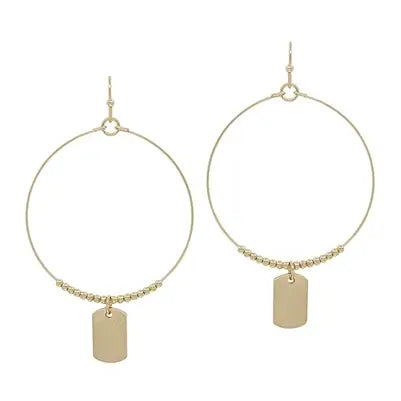 Gold Rectangle Drop On Beaded Hoop 1.5" Earrings