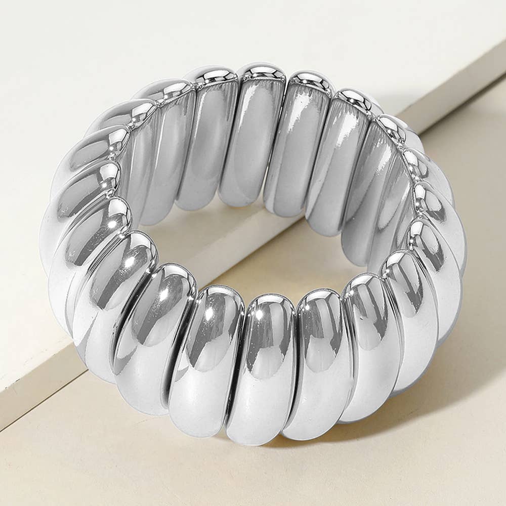 Wide Metal Ribbed Stretch Bracelet | Silver