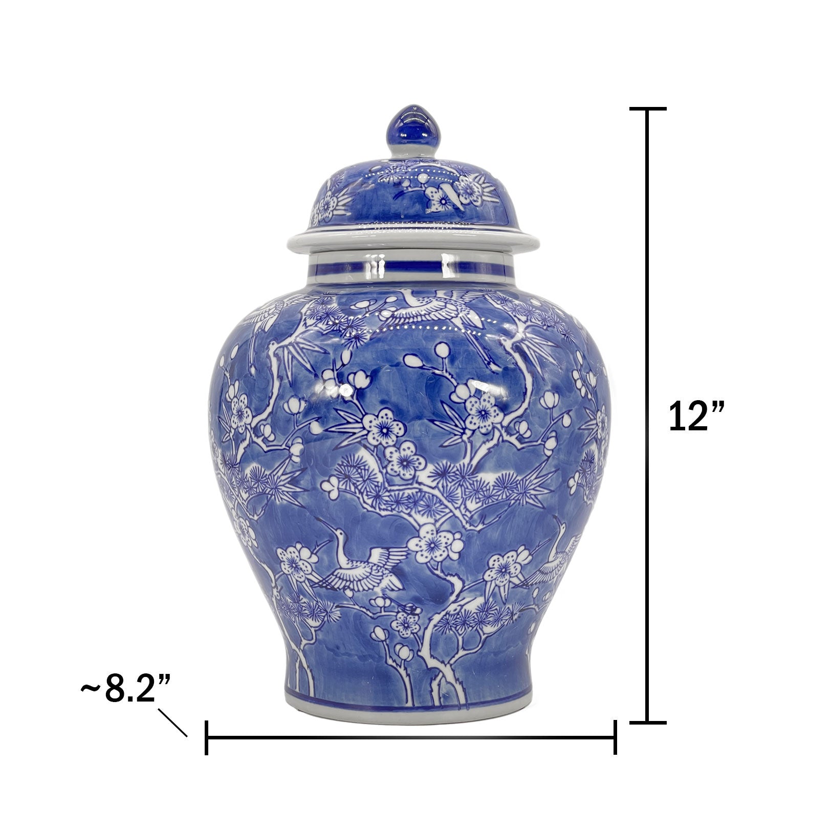 Blue & White Floral Crane Chinoiserie Jar 12"