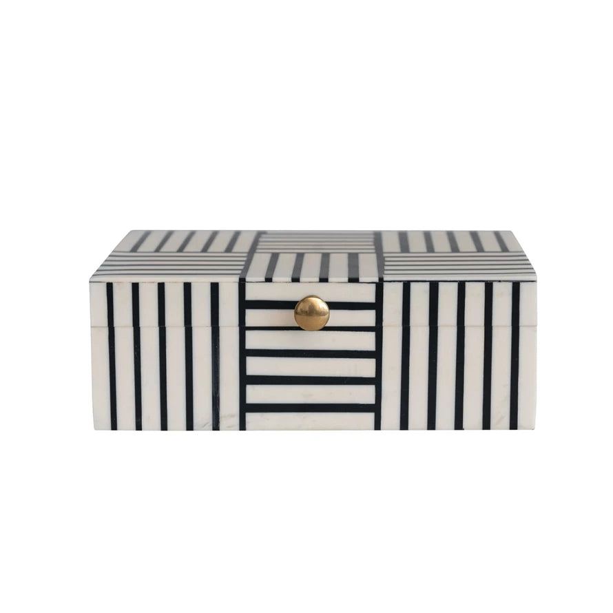 Resin Box With Striped Block Pattern & Gold Knob | Black & White