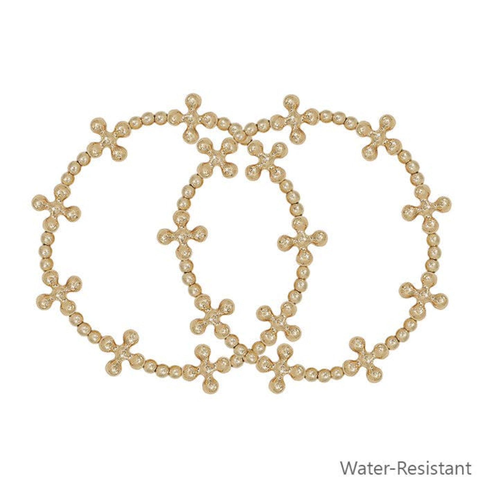 Water-Resistant Gold Beaded Cross Shape Stretch Bracelets | Set of 2