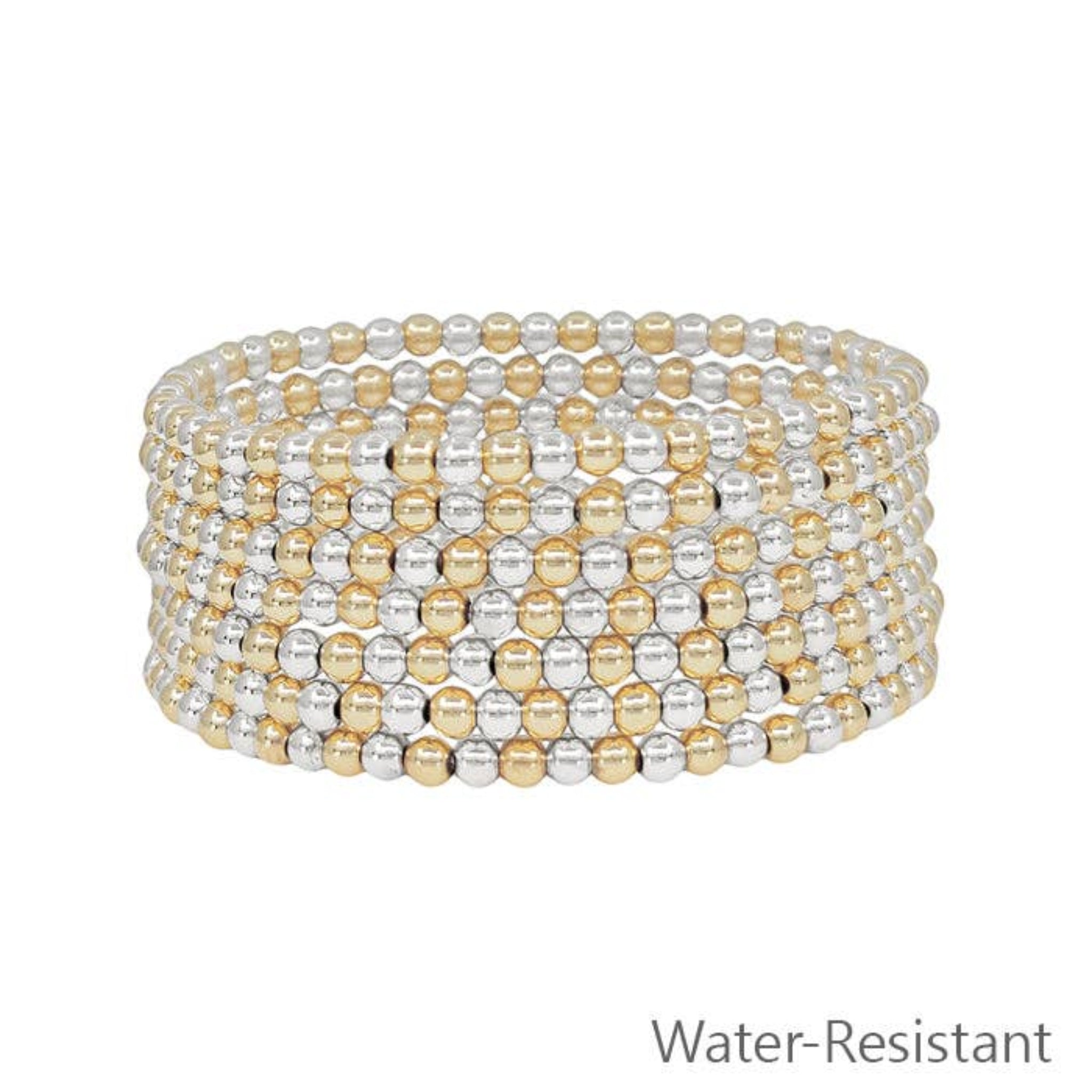 Water-Resistant Gold & Silver Beaded Stretch Bracelet Set | Set of 7