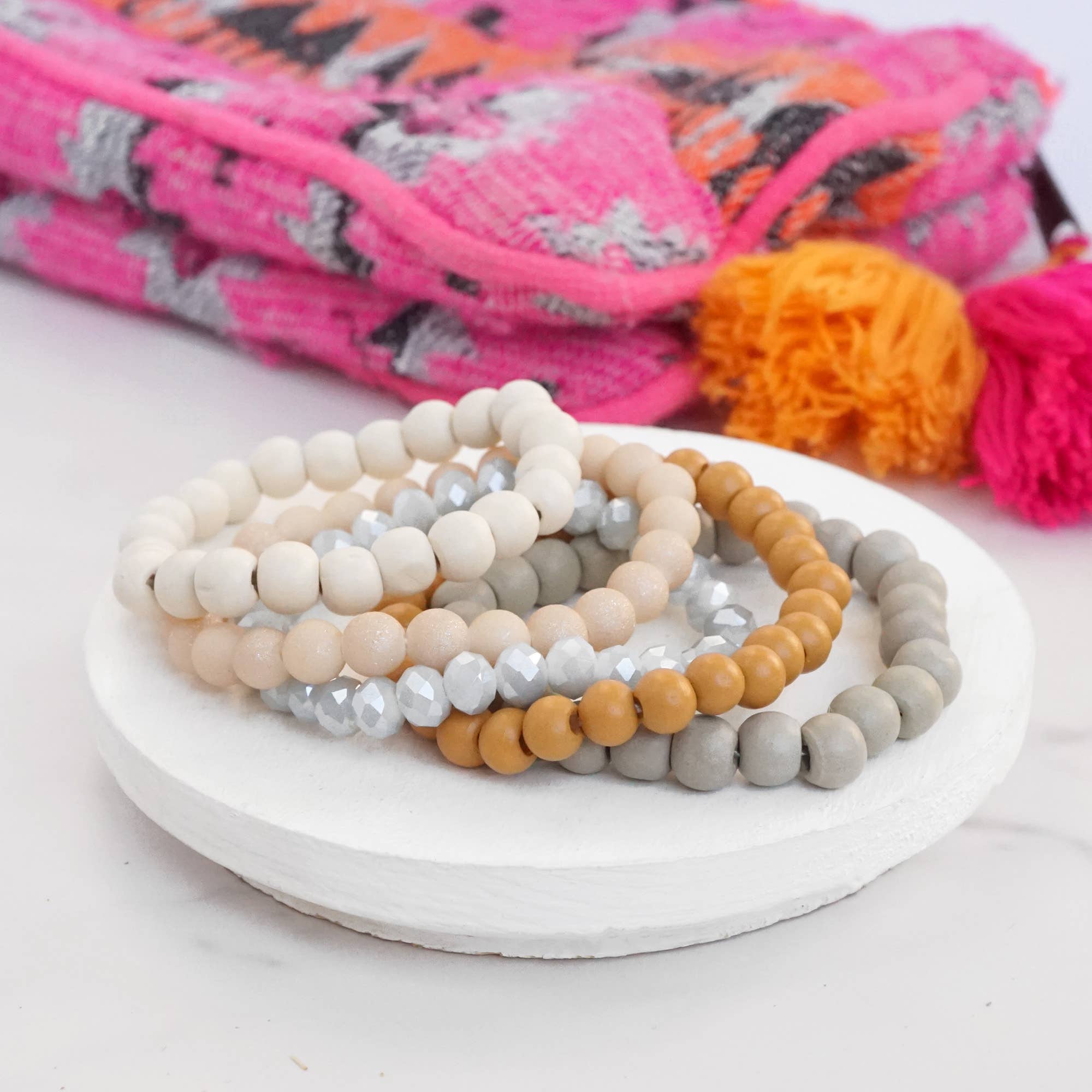 Wood & Glass Bracelets Stack | Mustard