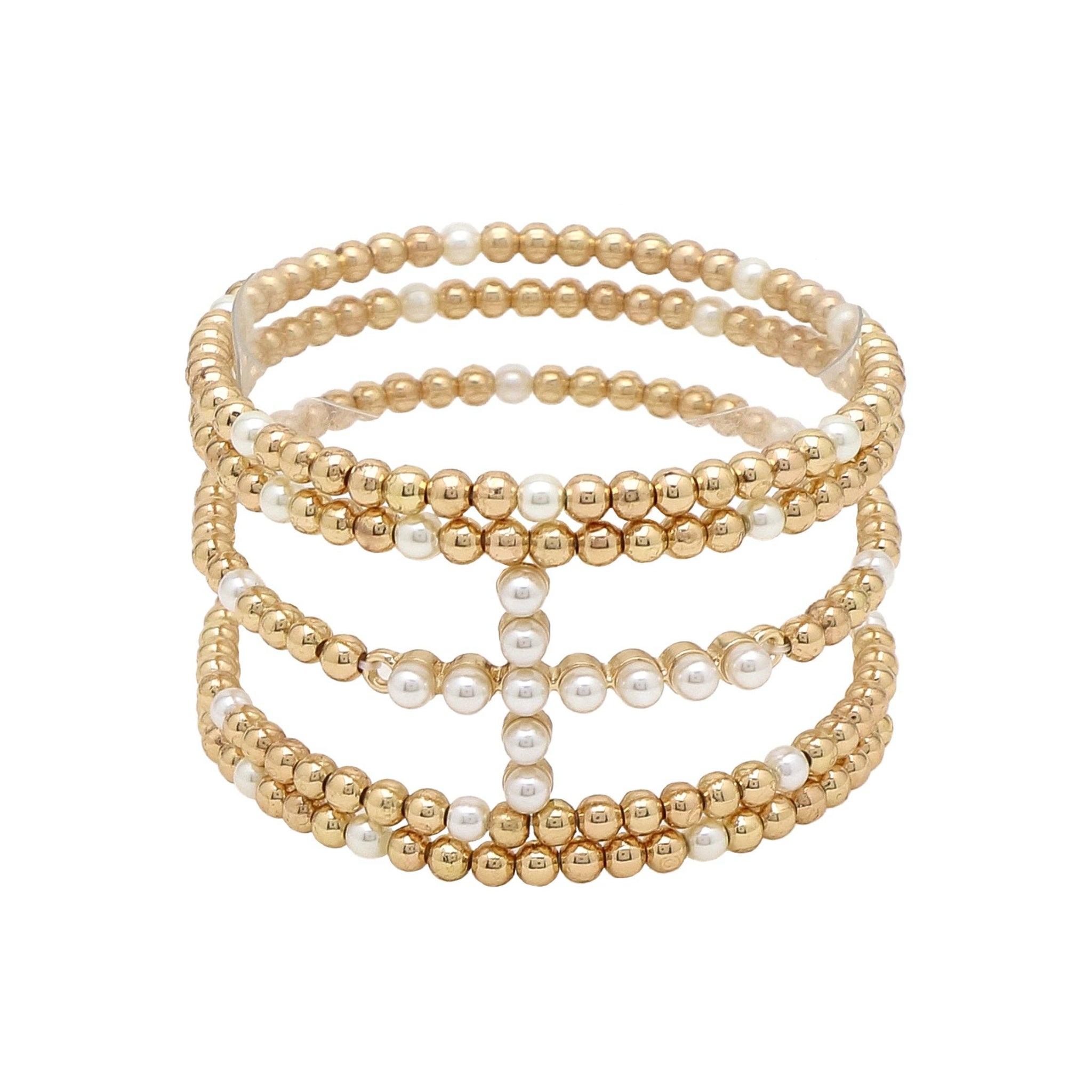 Pearl and Beaded Cross Stretch Bracelets | Set of 5
