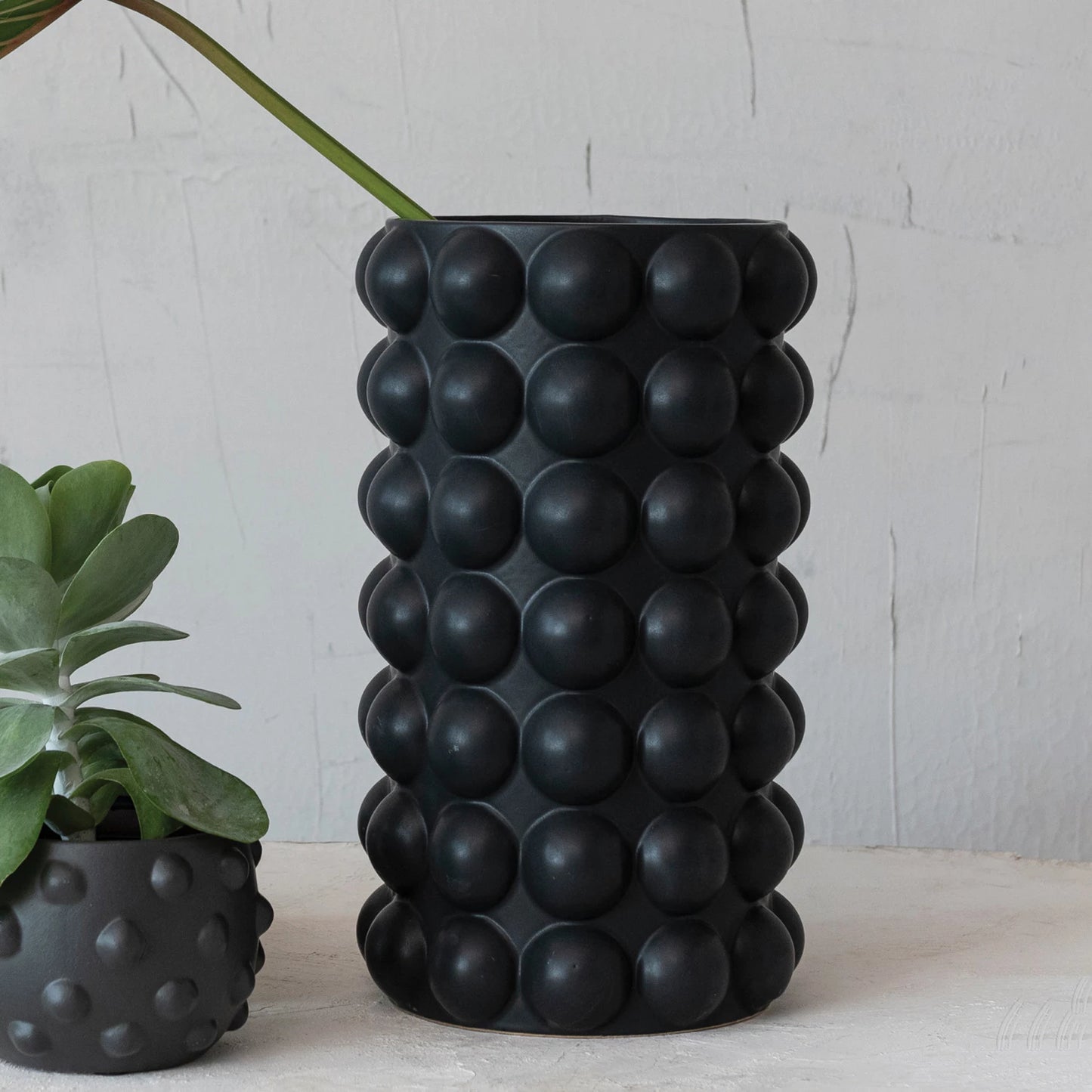 Stoneware Umbrella Vase with Raised Dots - Matte Black