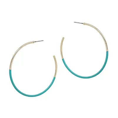 Gold and Light Teal Covered Metal 2" Hoop Earring