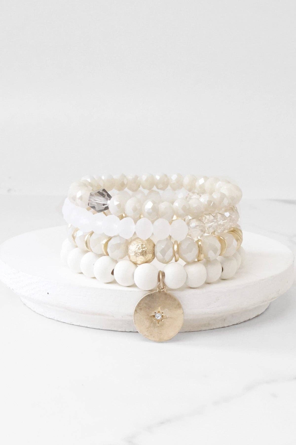 White & Cream Beaded Bracelets With Coin Charm