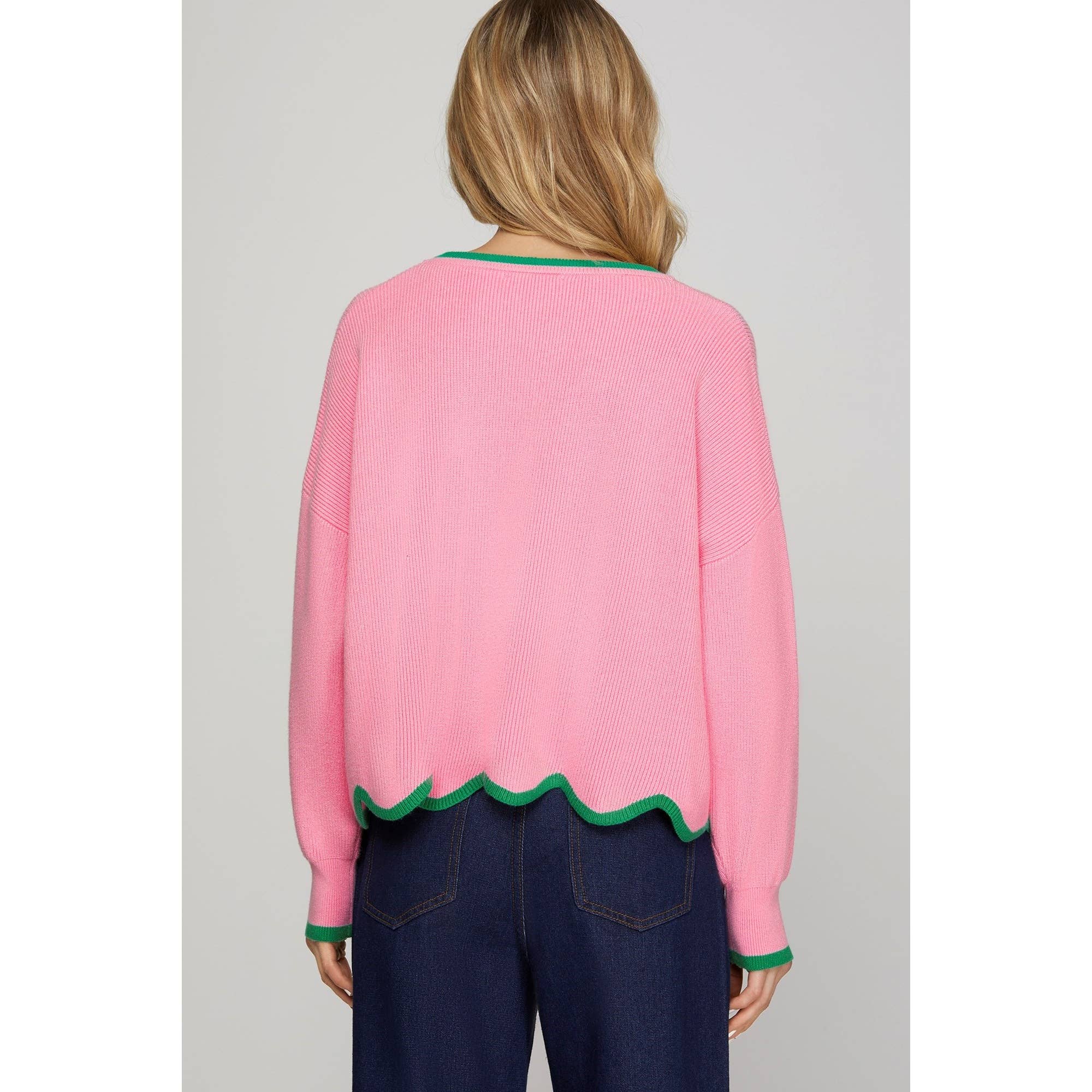 Scallop Hem Sweater Top | Pink & Green