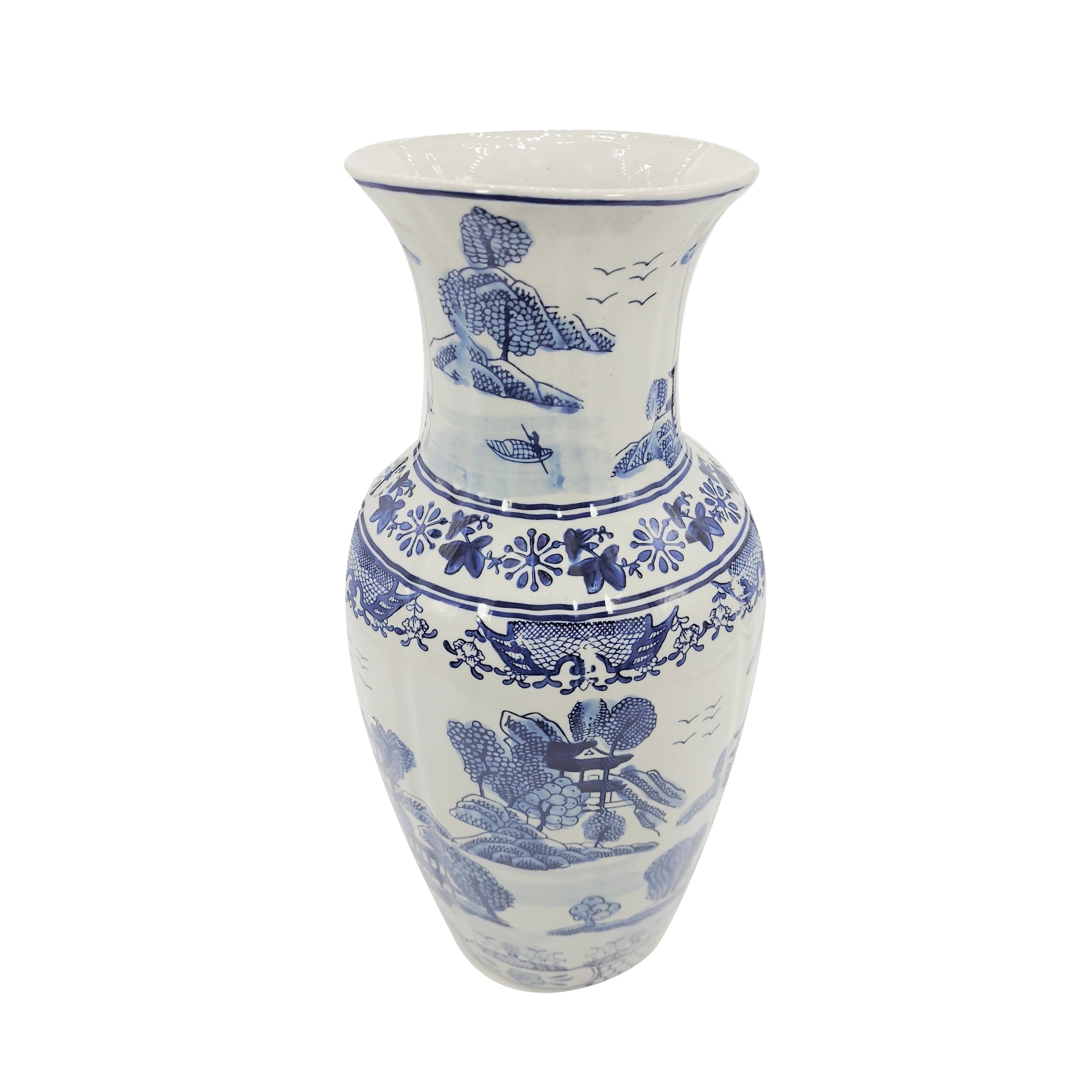 Blue & White Chinoiserie Ceramic Table Vase 18"