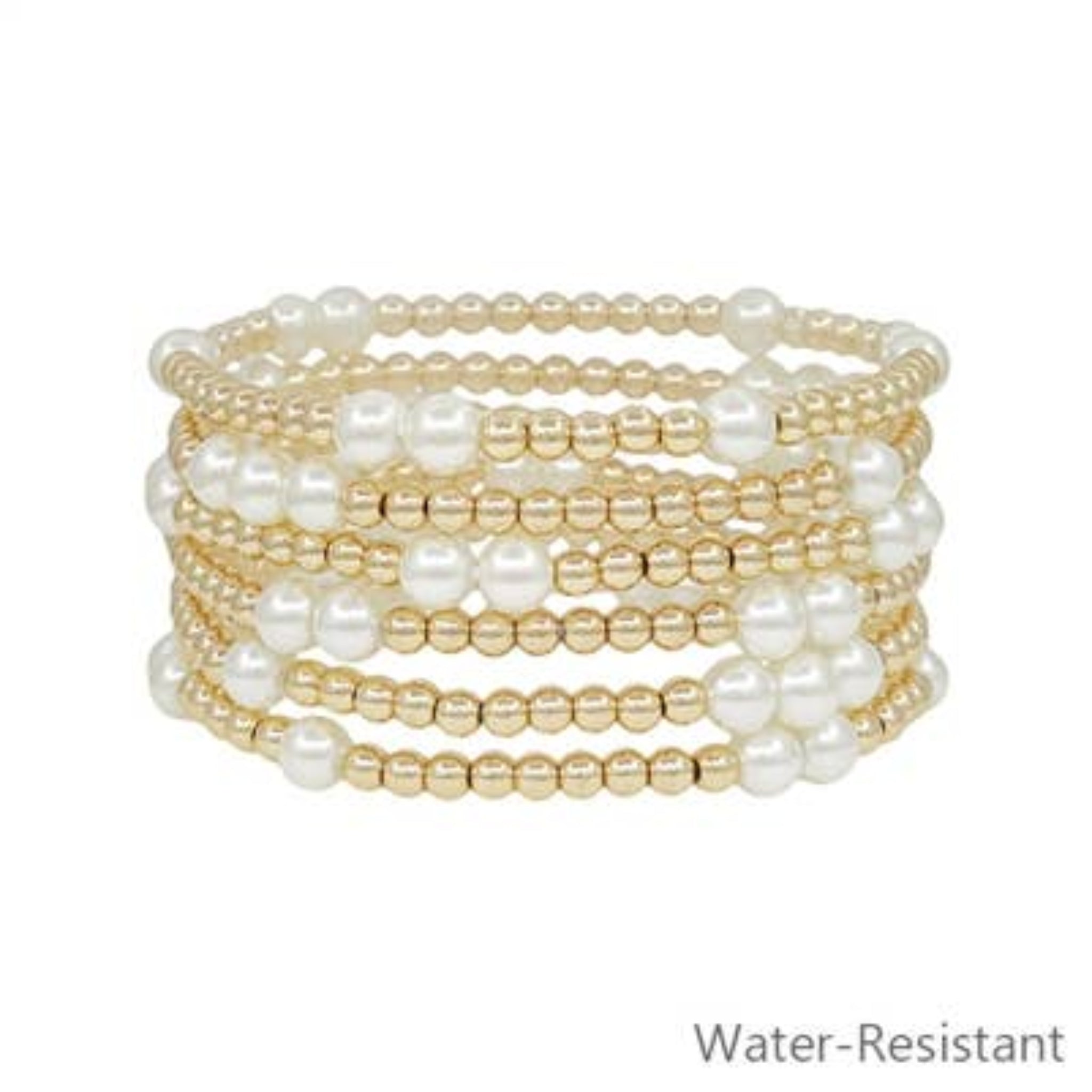 Gold Beaded and Pearl Water Resistant Stretch Bracelet | Set of 7