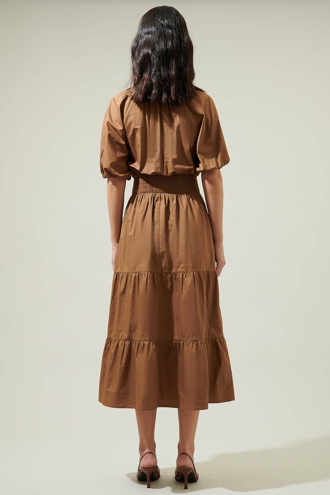 Jamila Poplin Puff Sleeve MIdi Dress | Brown