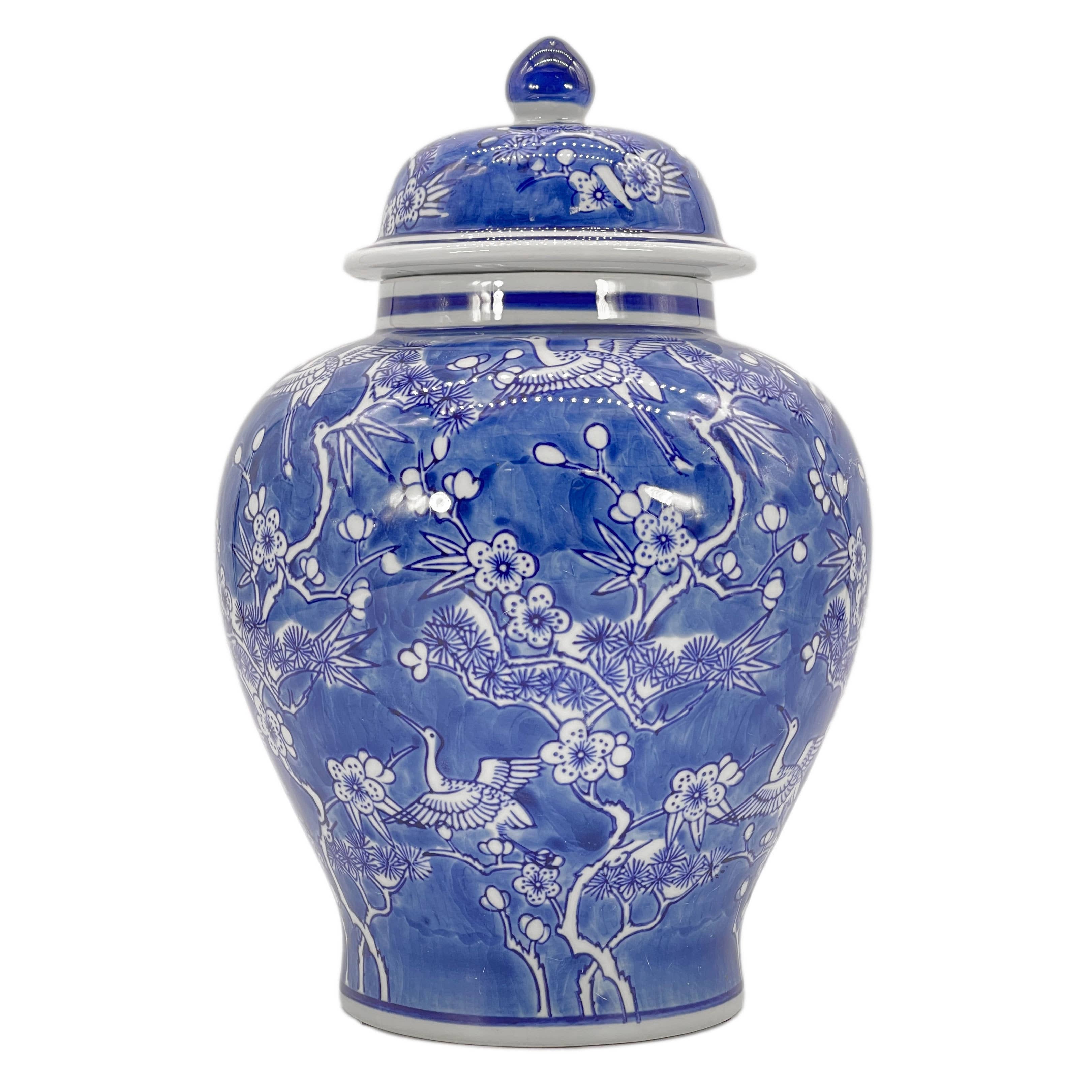 Blue & White Floral Crane Chinoiserie Jar 12"