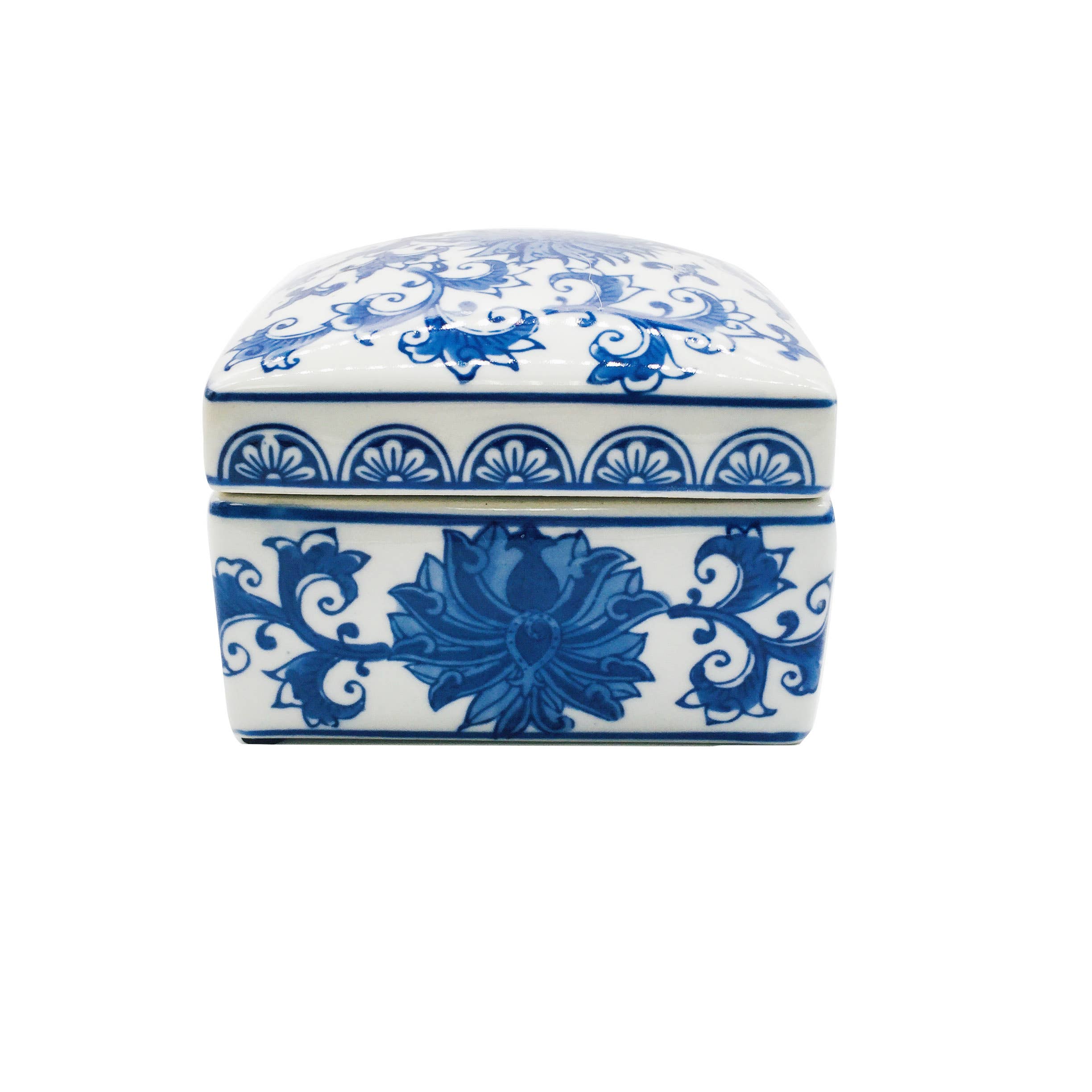 Blue & White Chinoiserie Square Ceramic Box | Lotus